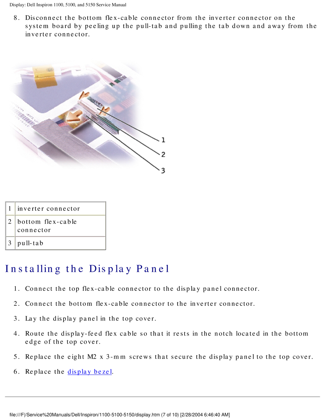 Dell 5150, 1100, 5100 service manual Installing the Display Panel 