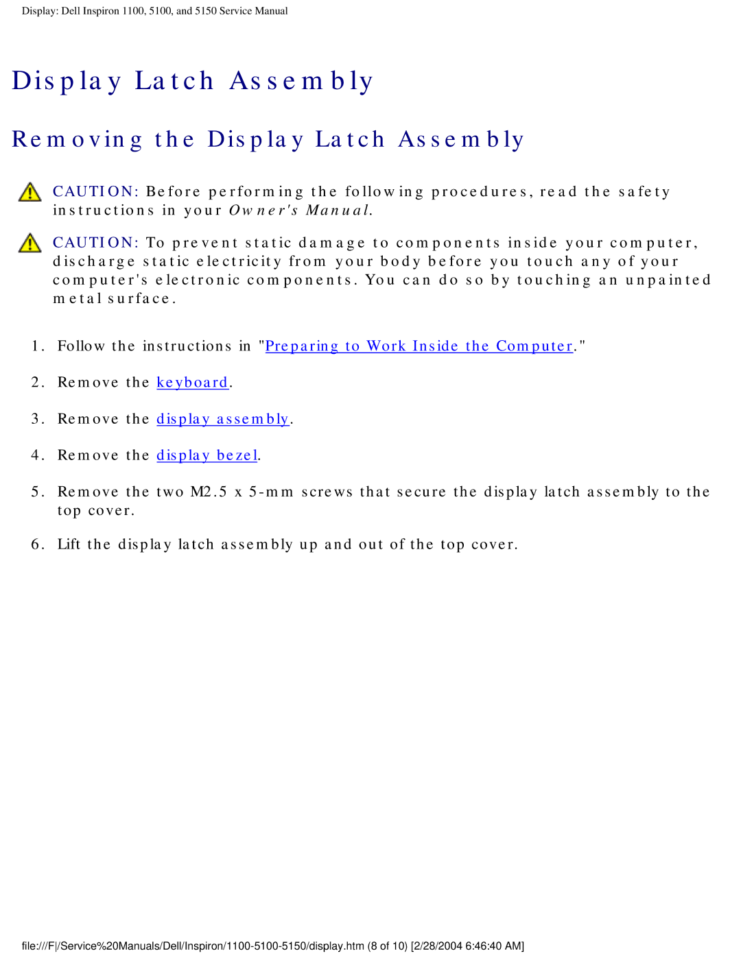 Dell 5100, 1100, 5150 service manual Display Latch Assembly 