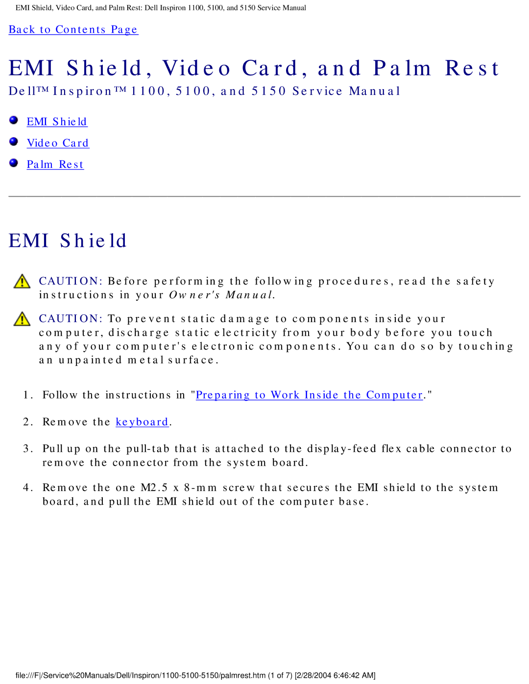 Dell 5100, 1100, 5150 service manual EMI Shield, Video Card, and Palm Rest 