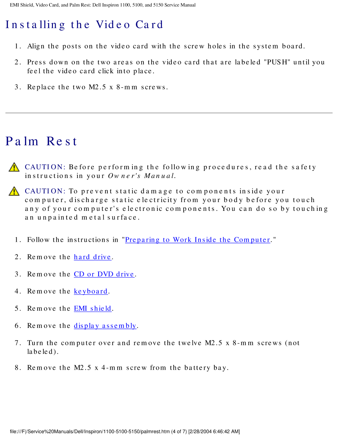 Dell 5100, 1100, 5150 service manual Palm Rest, Installing the Video Card 