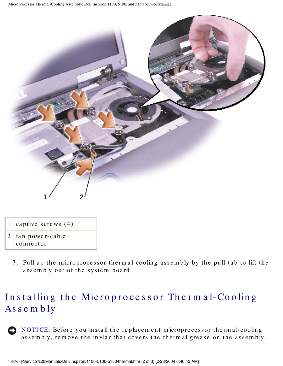 Dell 5150, 1100, 5100 service manual Installing the Microprocessor Thermal-Cooling Assembly 