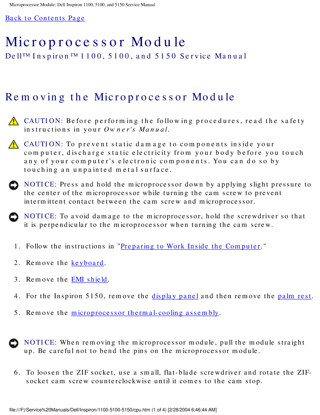 Dell 1100, 5150, 5100 service manual Removing the Microprocessor Module 