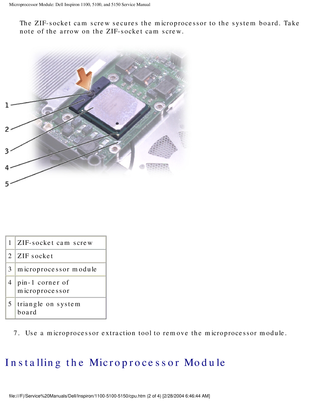 Dell 5150, 1100, 5100 service manual Installing the Microprocessor Module 