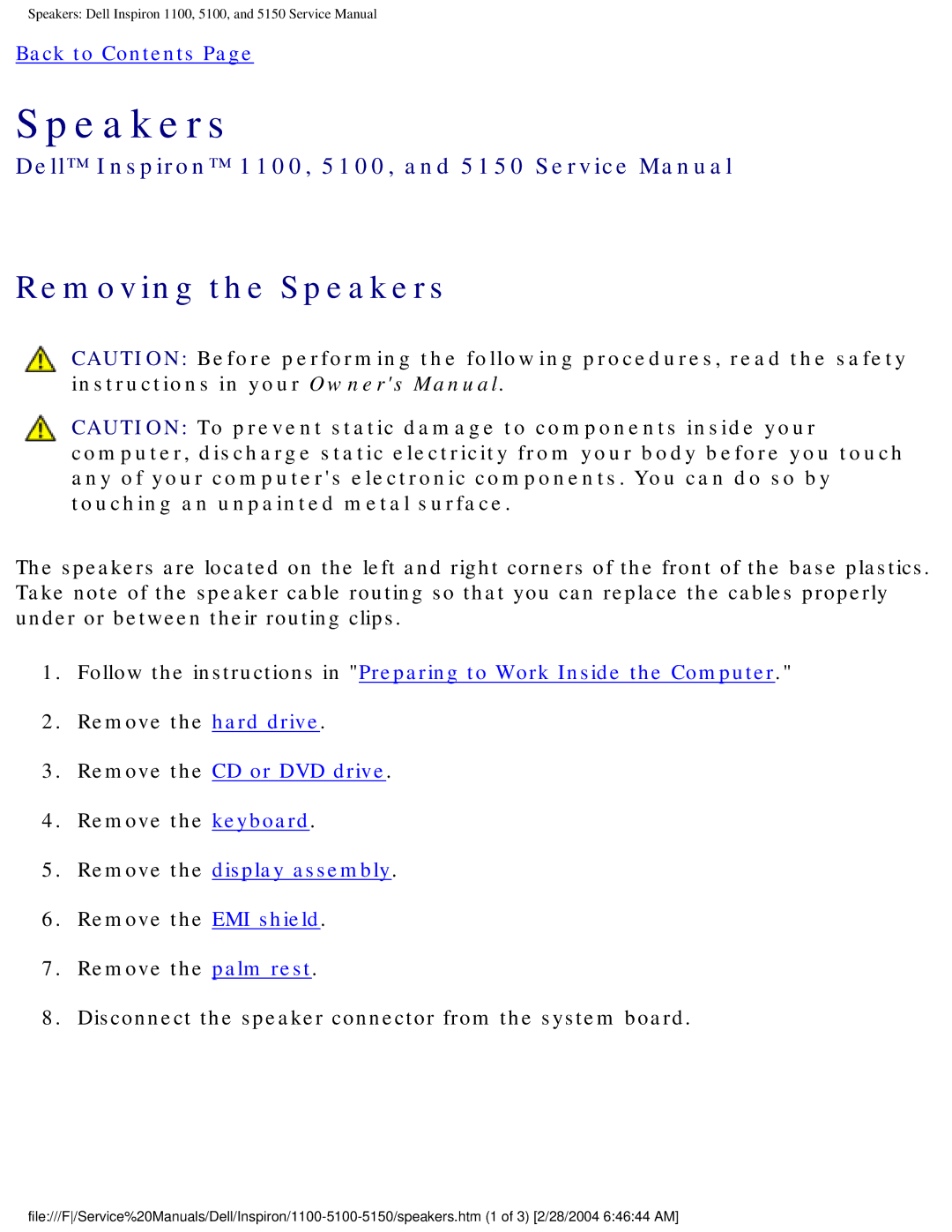 Dell 5150, 1100, 5100 service manual Removing the Speakers 