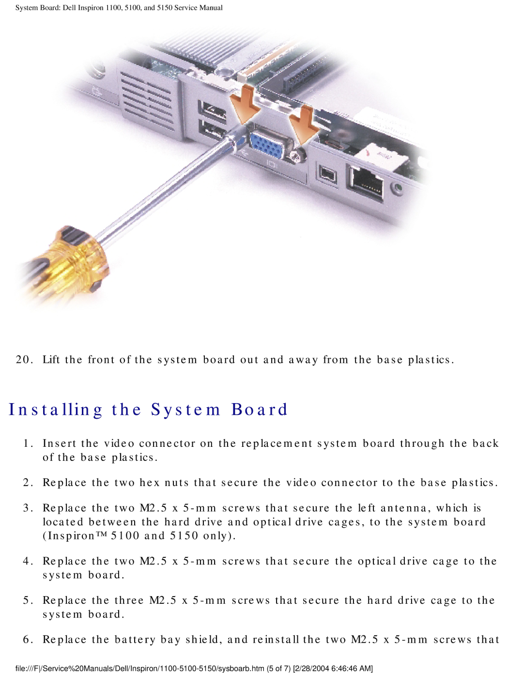 Dell 5100, 1100, 5150 service manual Installing the System Board 