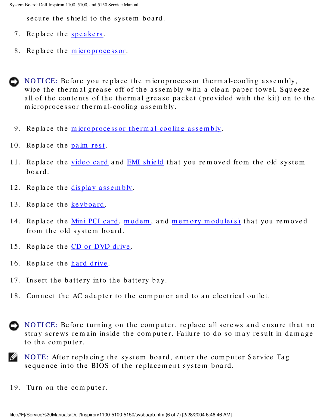 Dell 1100, 5150, 5100 service manual Replace the display assembly 