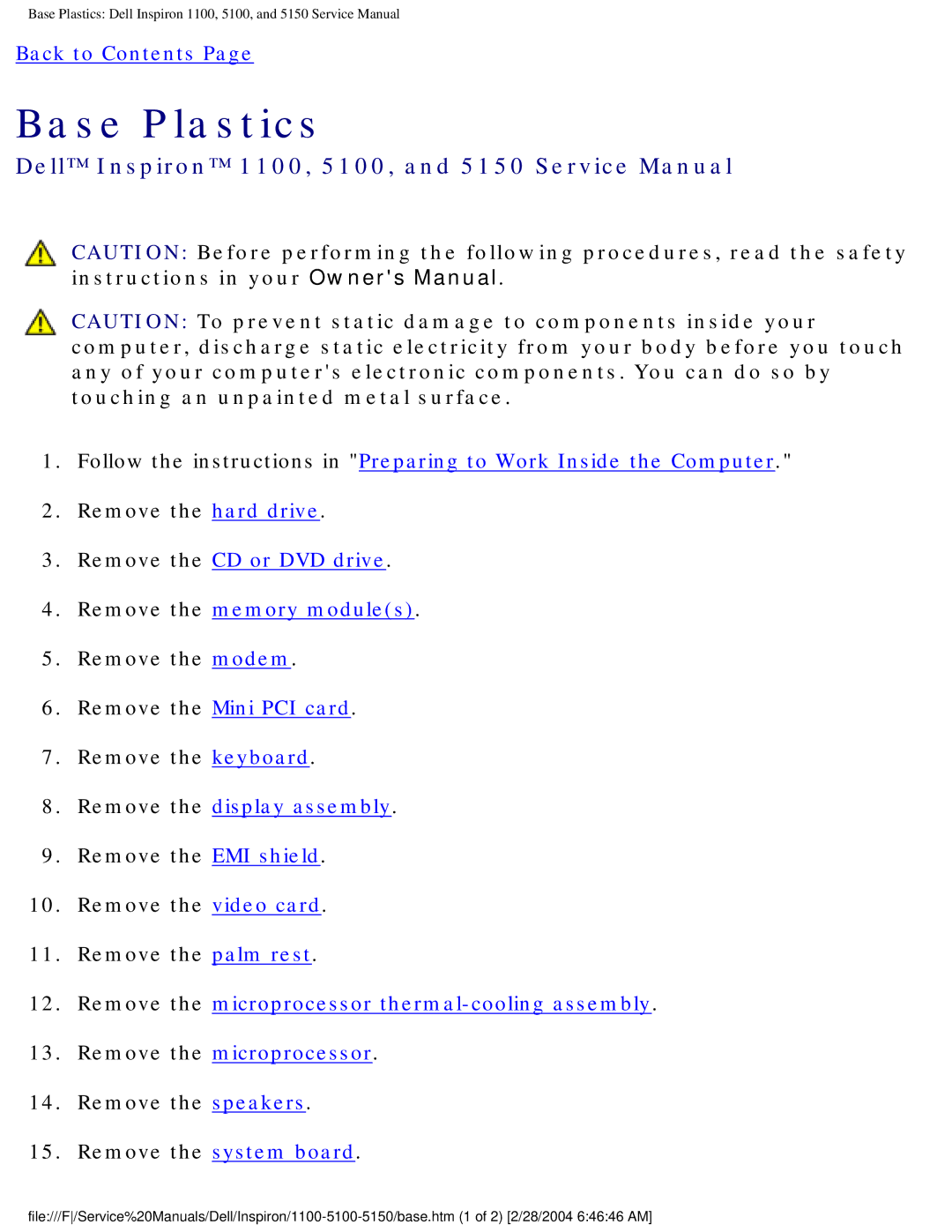 Dell 1100, 5150, 5100 service manual Base Plastics, Remove the speakers Remove the system board 