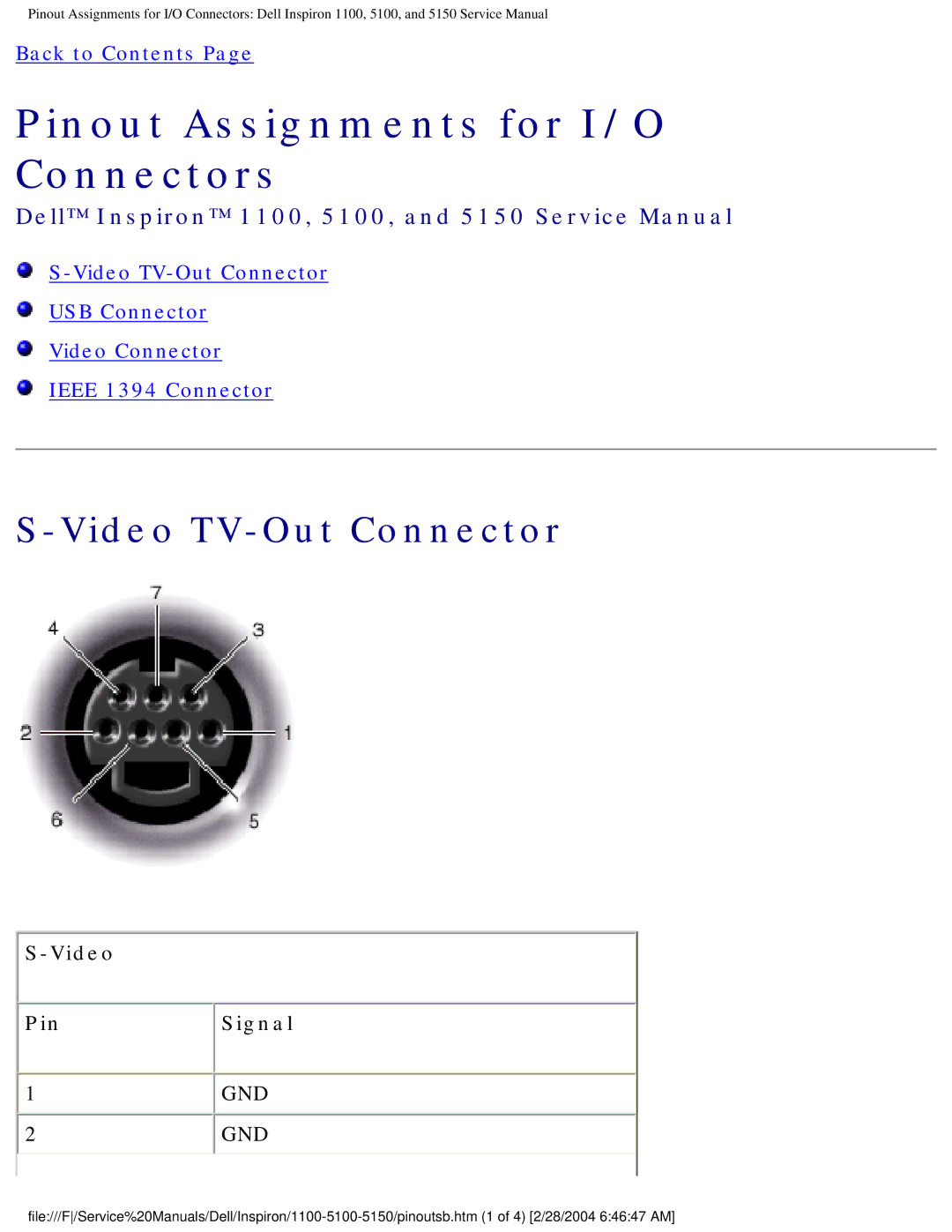 Dell 5100, 1100, 5150 service manual Pinout Assignments for I/O Connectors, Video TV-Out Connector 