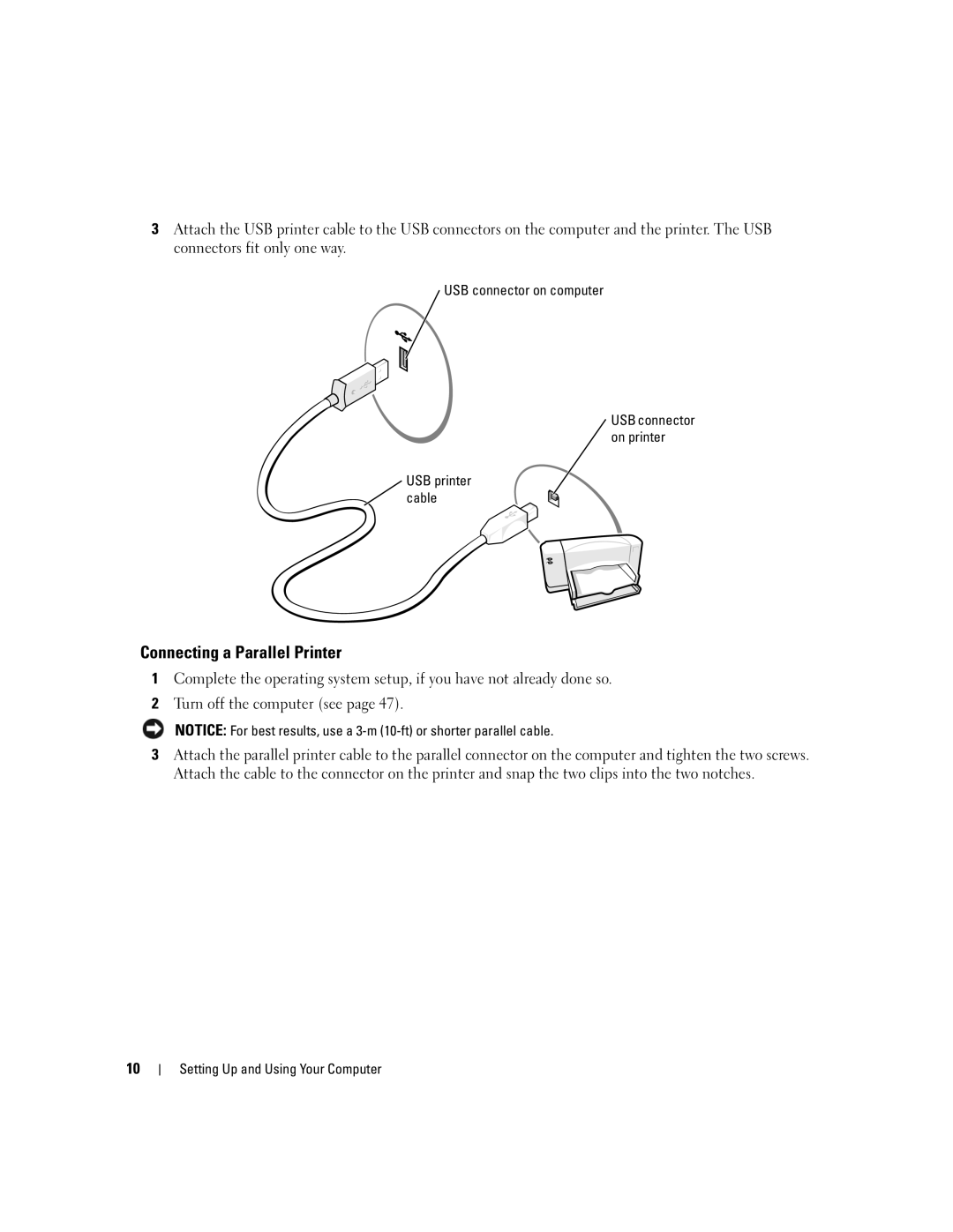 Dell 1100/B110 owner manual Connecting a Parallel Printer, USB connector on computer 