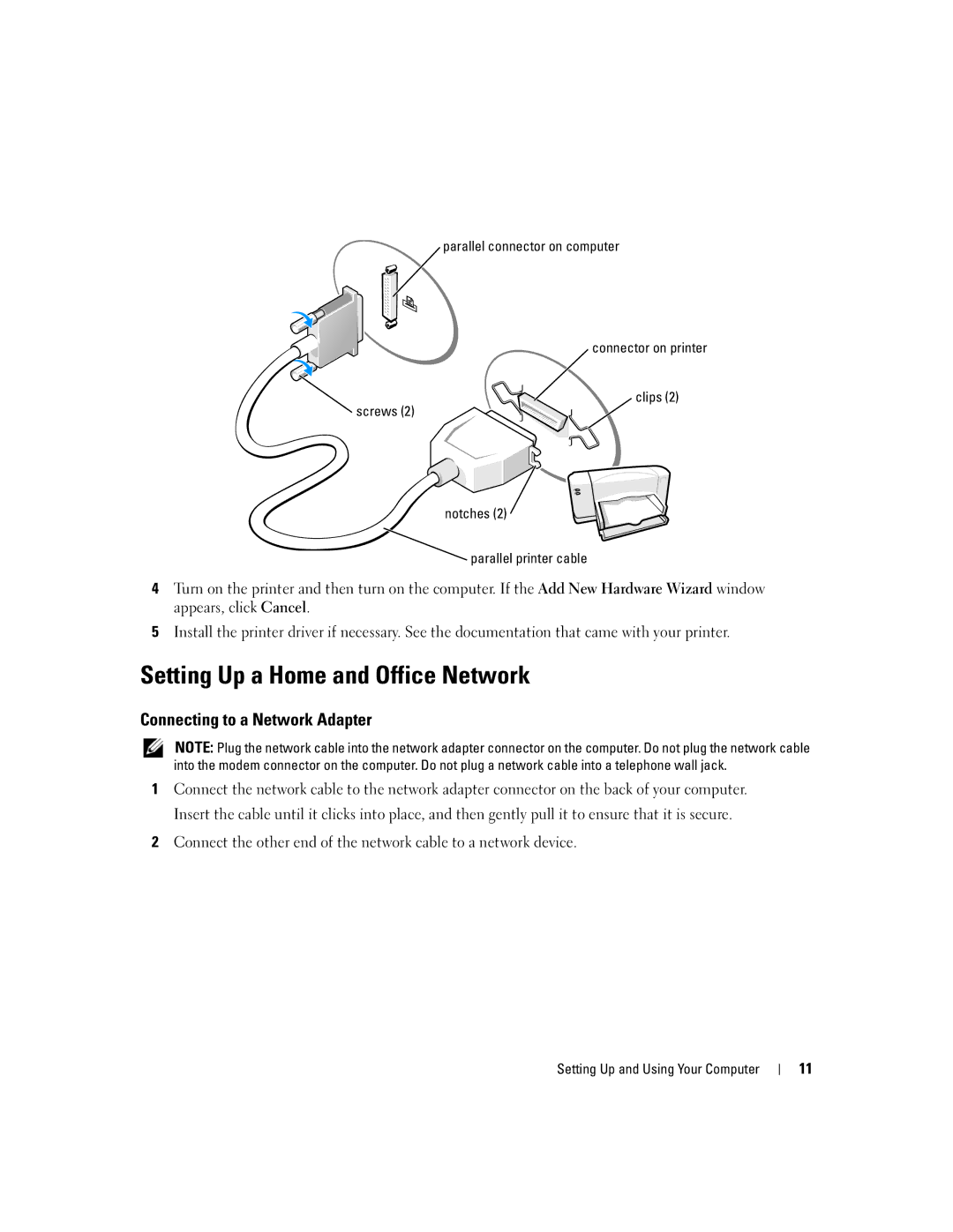 Dell 1100/B110 owner manual Setting Up a Home and Office Network, Connecting to a Network Adapter 