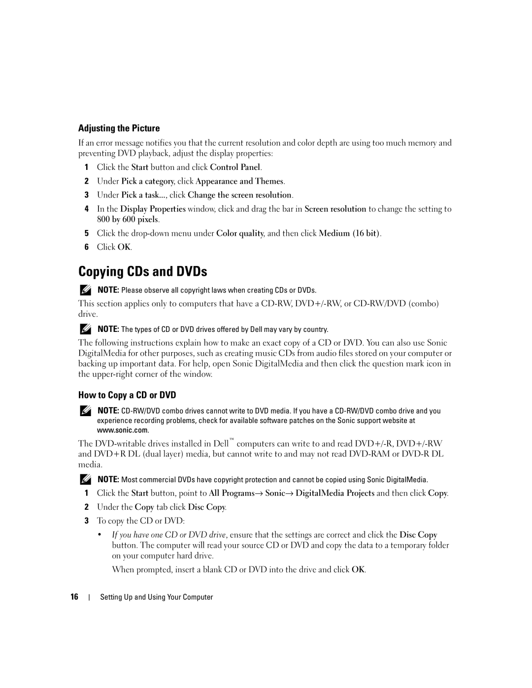 Dell 1100/B110 owner manual Copying CDs and DVDs, Adjusting the Picture, How to Copy a CD or DVD, 800 by 600 pixels 