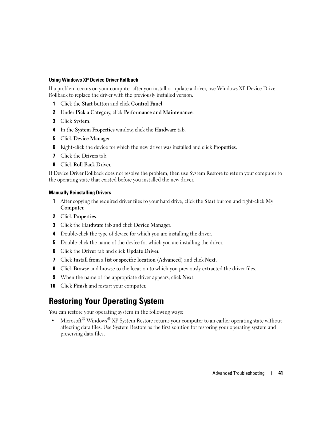 Dell 1100/B110 Restoring Your Operating System, Using Windows XP Device Driver Rollback, Manually Reinstalling Drivers 