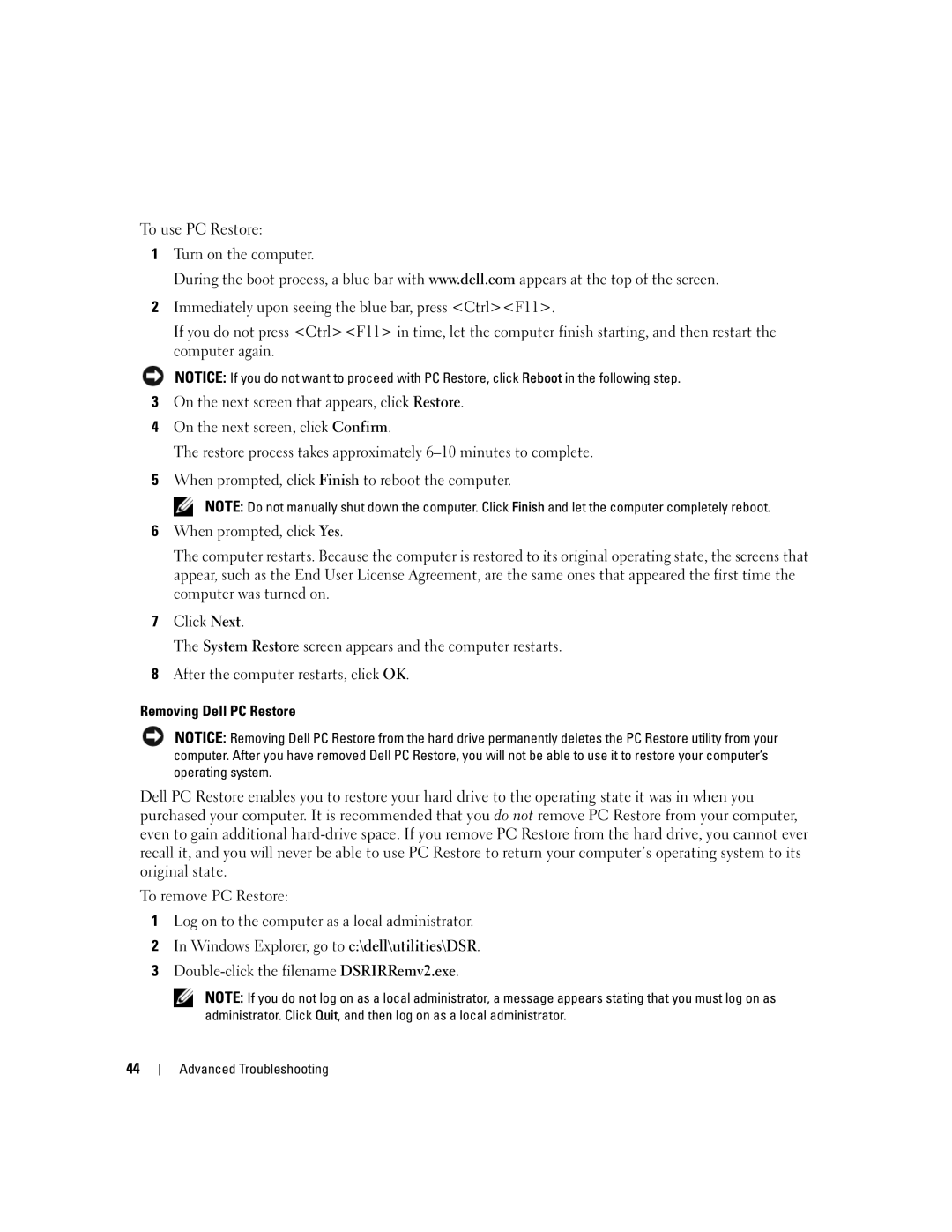 Dell 1100/B110 owner manual Removing Dell PC Restore 