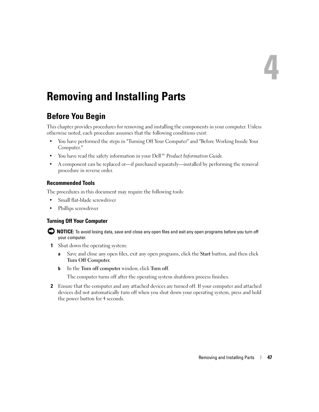 Dell 1100/B110 owner manual Before You Begin, Recommended Tools, Turning Off Your Computer, Removing and Installing Parts 