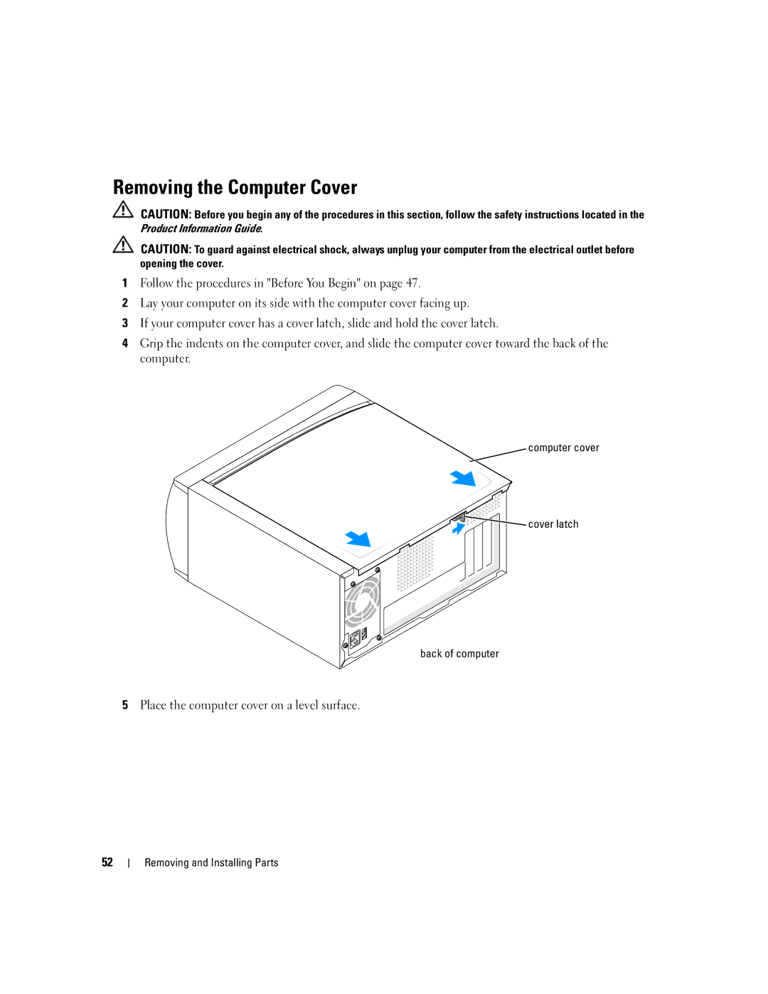 Dell 1100/B110 owner manual Removing the Computer Cover, Computer cover Cover latch Back of computer 