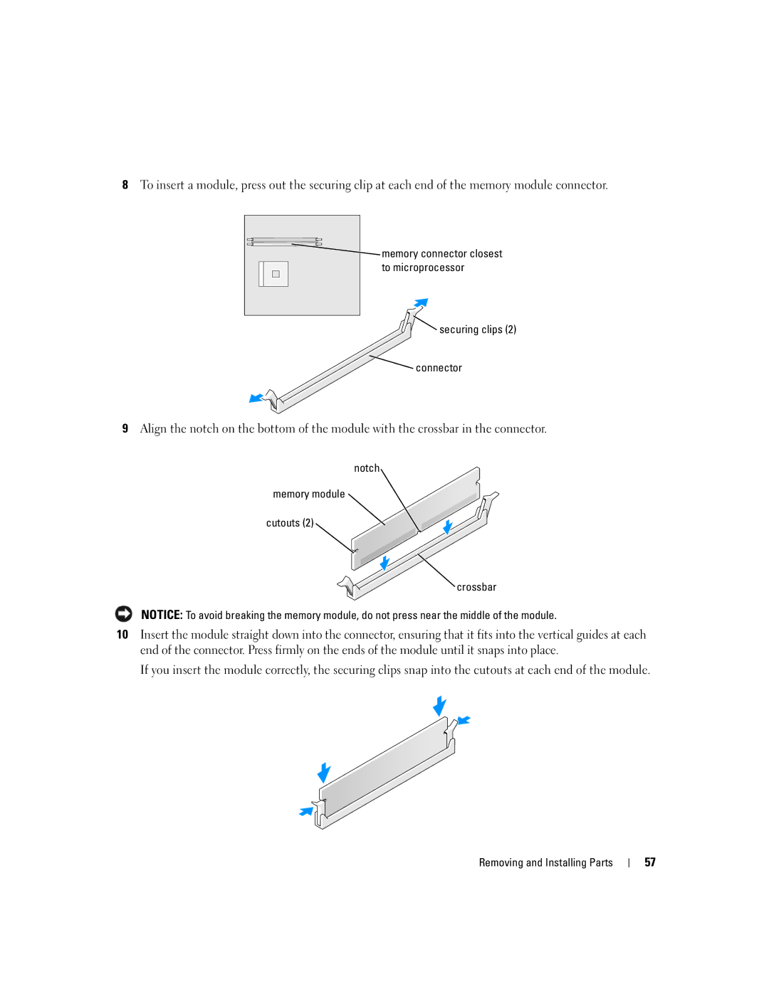 Dell 1100/B110 owner manual Securing clips Connector, Notch, Crossbar 