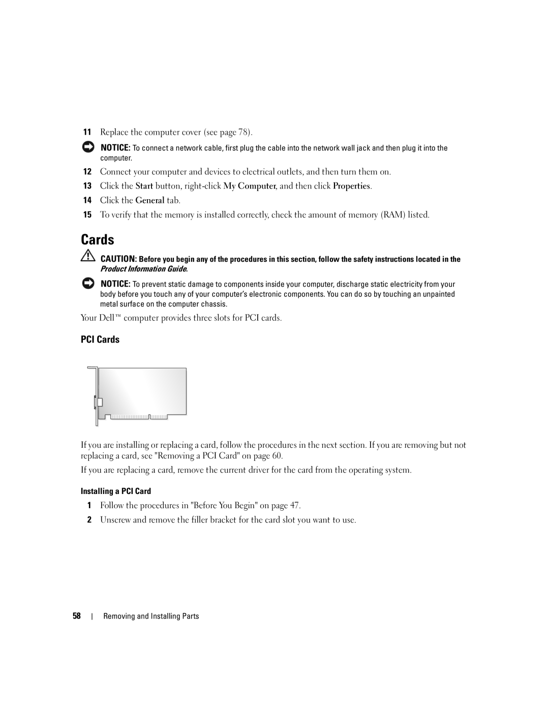 Dell 1100/B110 owner manual PCI Cards, Installing a PCI Card 