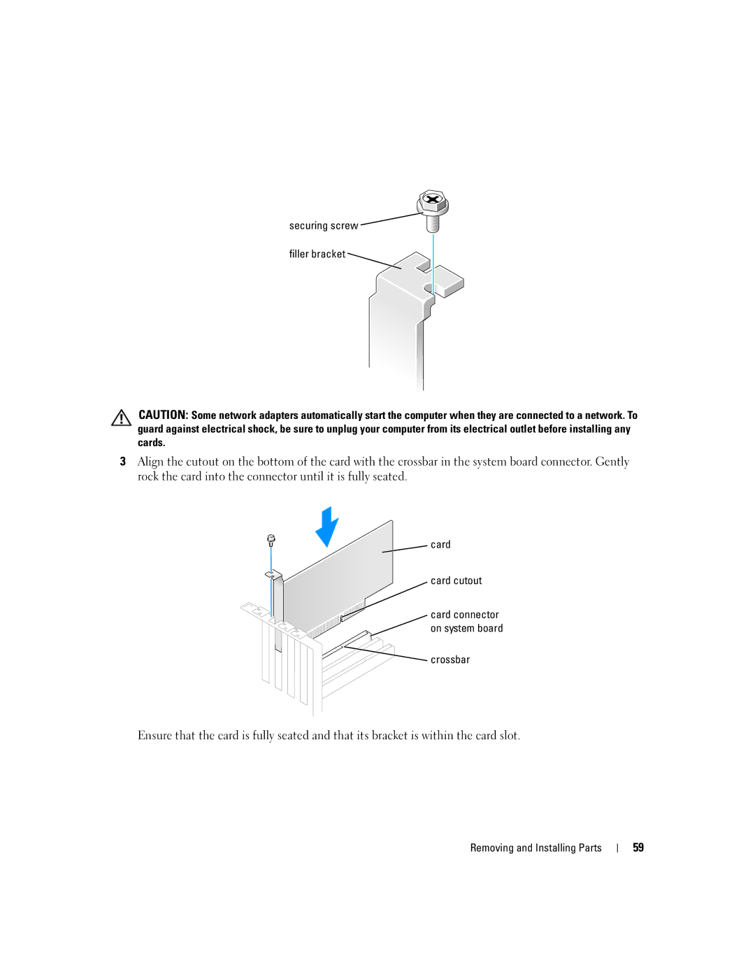 Dell 1100/B110 owner manual Securing screw Filler bracket, Card Card cutout 