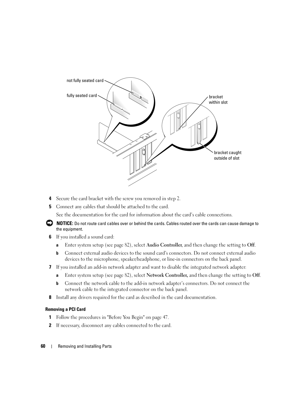 Dell 1100/B110 owner manual Removing a PCI Card, Not fully seated card Fully seated card Bracket 