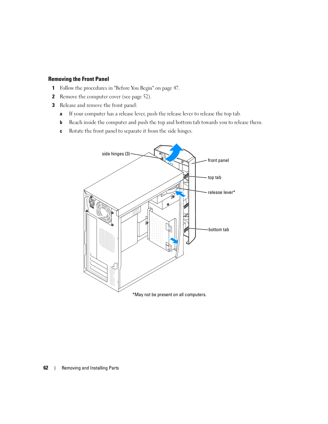 Dell 1100/B110 owner manual Removing the Front Panel, Side hinges Front panel Top tab 