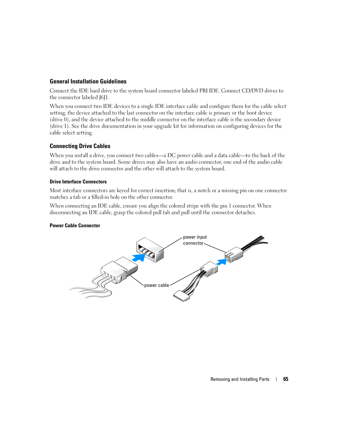 Dell 1100/B110 General Installation Guidelines, Connecting Drive Cables, Drive Interface Connectors, Power Cable Connector 