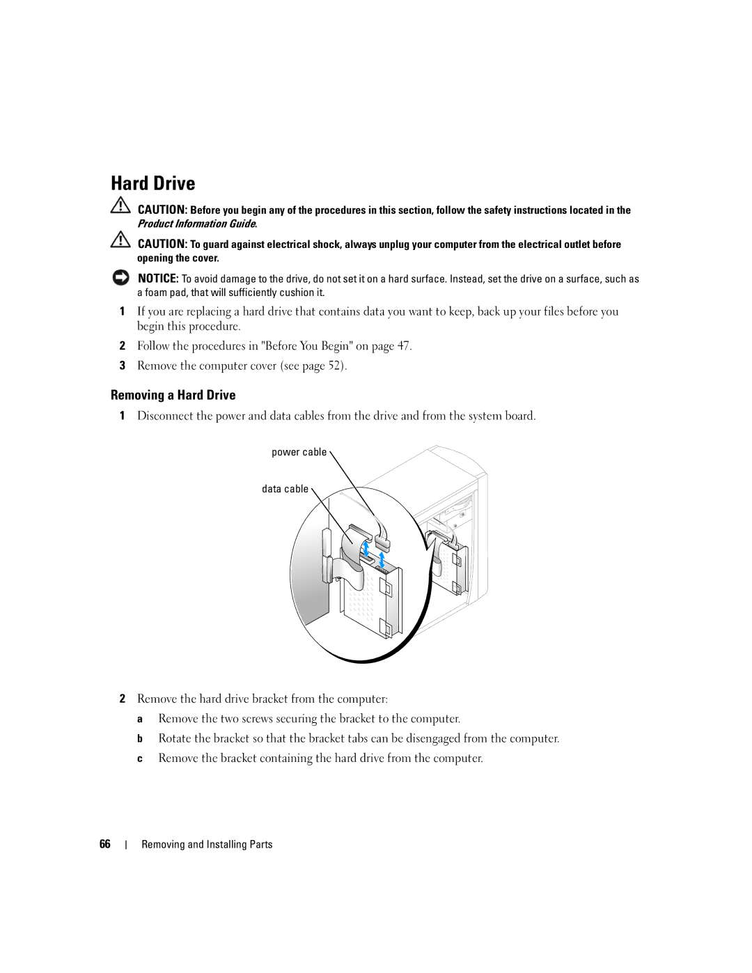 Dell 1100/B110 owner manual Removing a Hard Drive, Power cable Data cable 