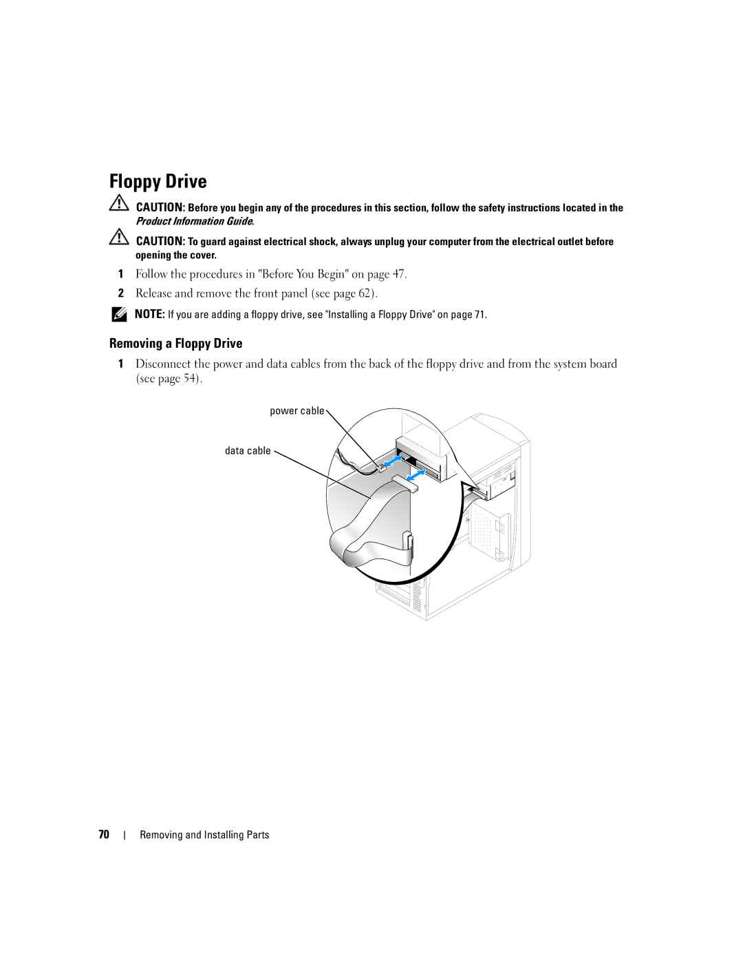 Dell 1100/B110 owner manual Removing a Floppy Drive, Power cable Data cable Removing and Installing Parts 