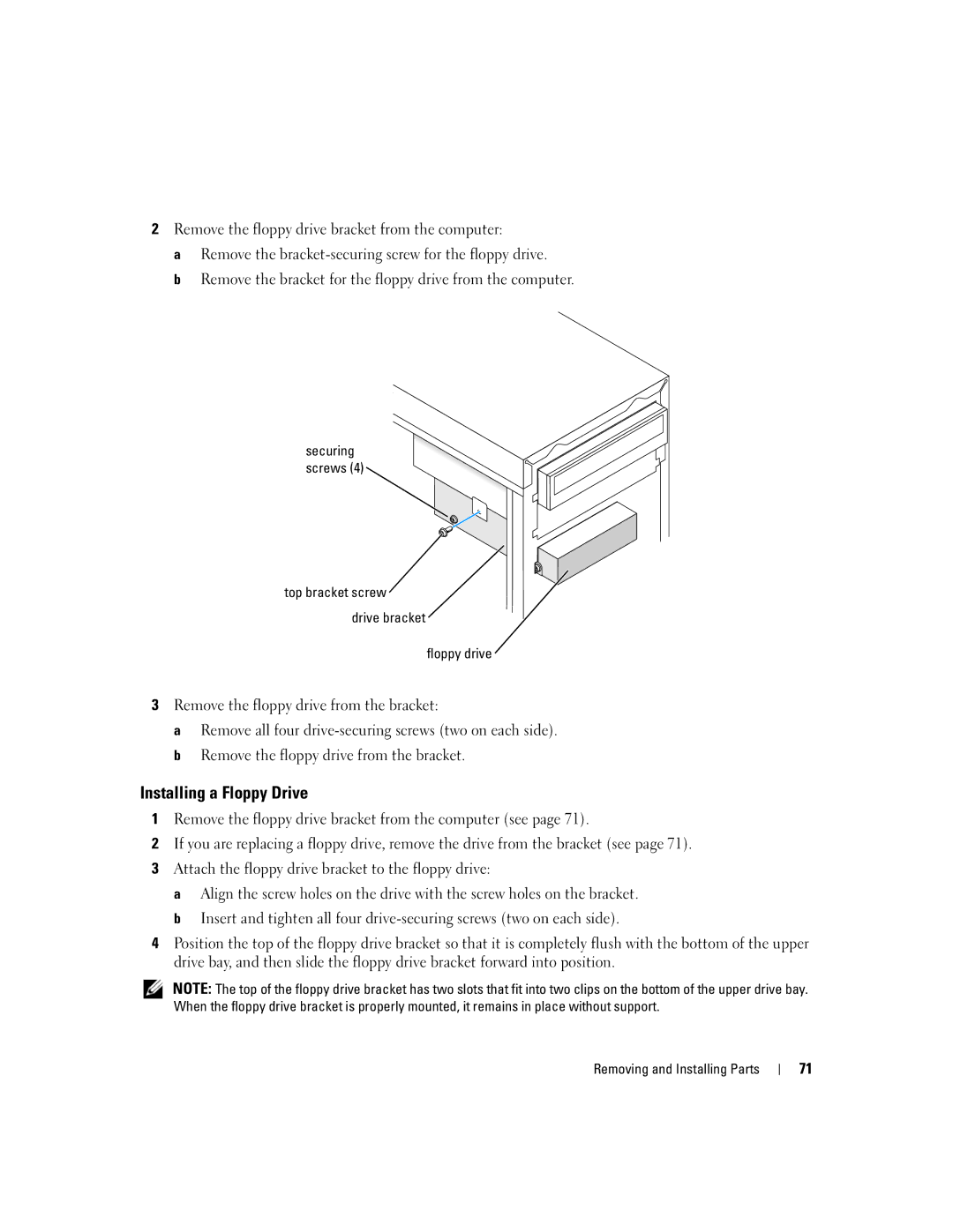 Dell 1100/B110 owner manual Installing a Floppy Drive, Top bracket screw Drive bracket Floppy drive 