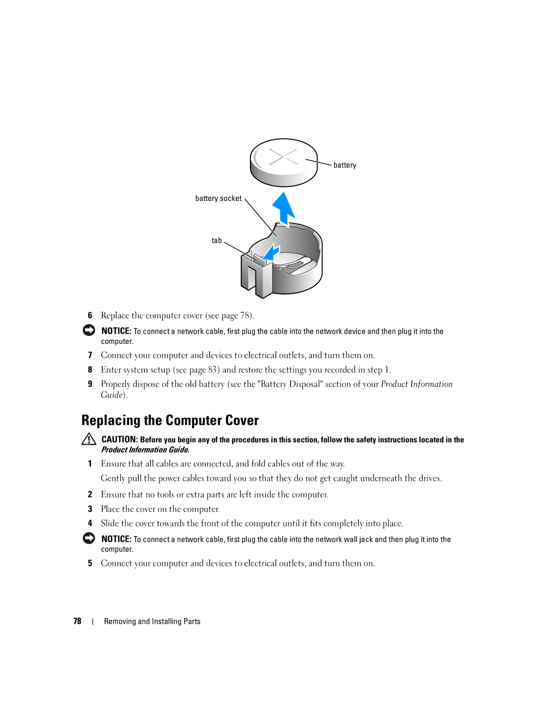 Dell 1100/B110 owner manual Replacing the Computer Cover, Battery Battery socket Tab 