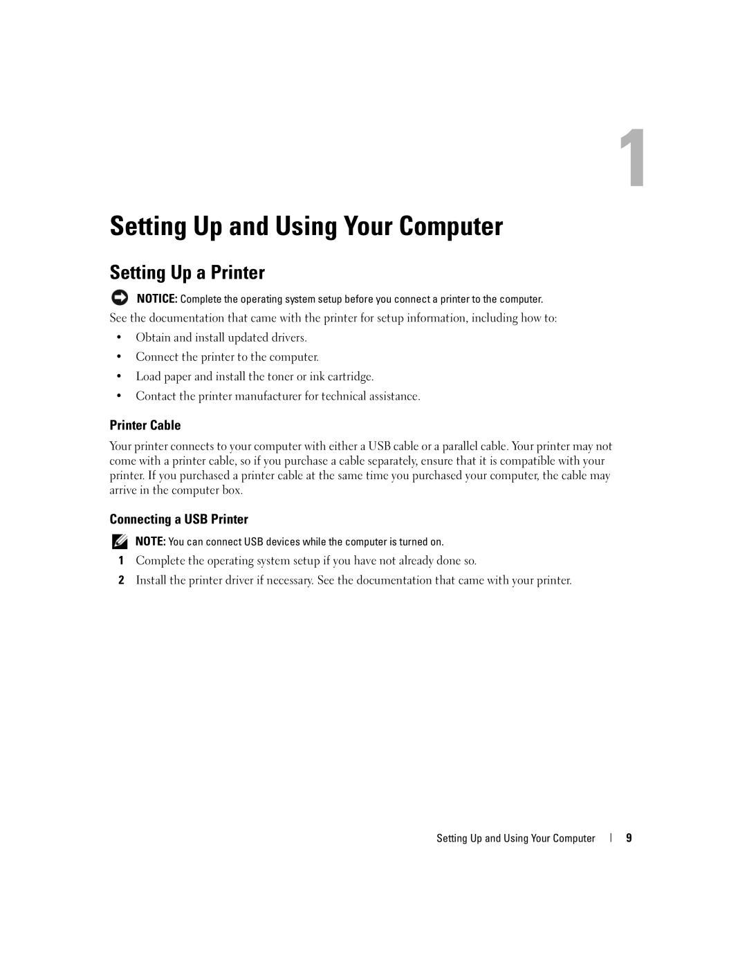 Dell 1100, B110 Setting Up a Printer, Printer Cable, Connecting a USB Printer, Setting Up and Using Your Computer 