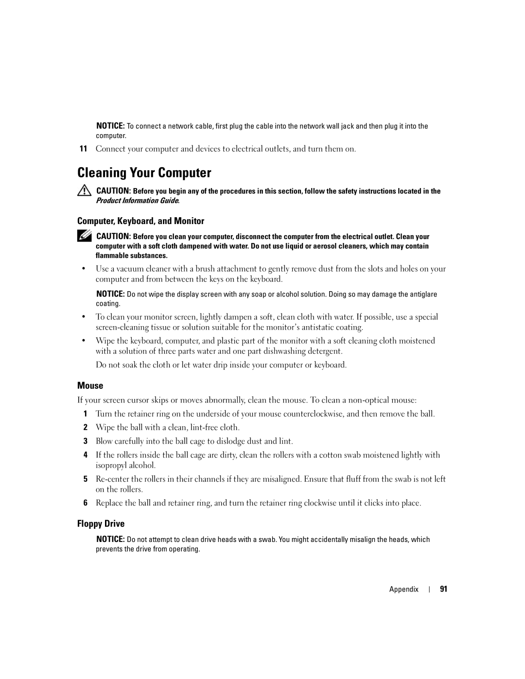 Dell 1100/B110 owner manual Cleaning Your Computer, Computer, Keyboard, and Monitor, Mouse, Floppy Drive 