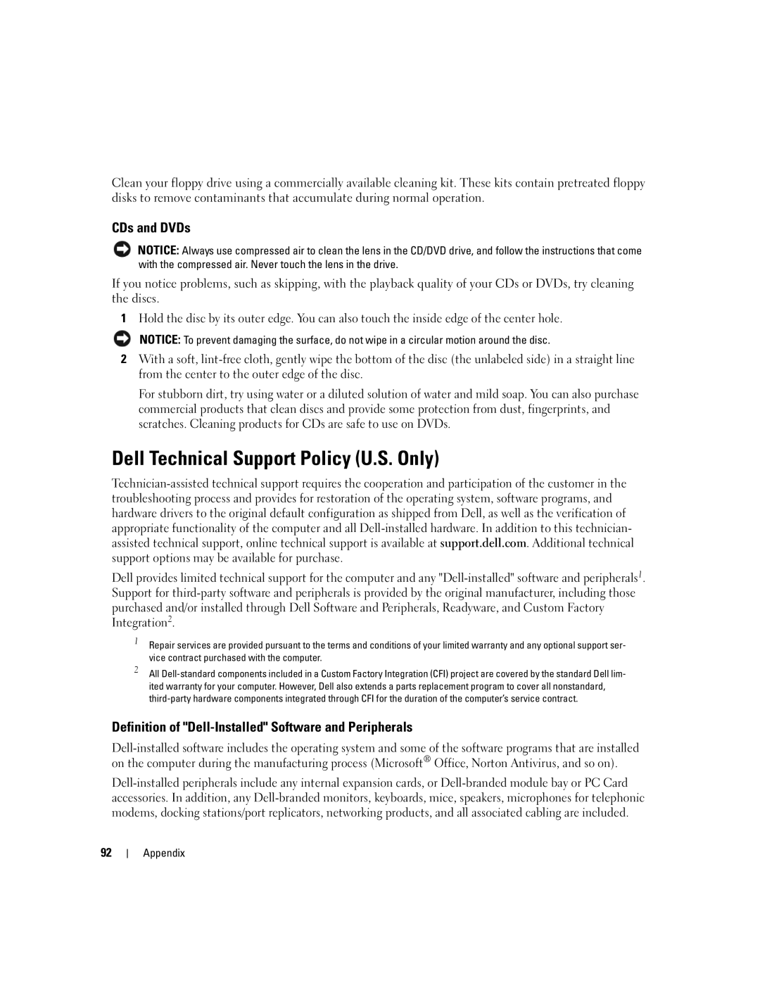 Dell 1100/B110 owner manual Dell Technical Support Policy U.S. Only, CDs and DVDs 