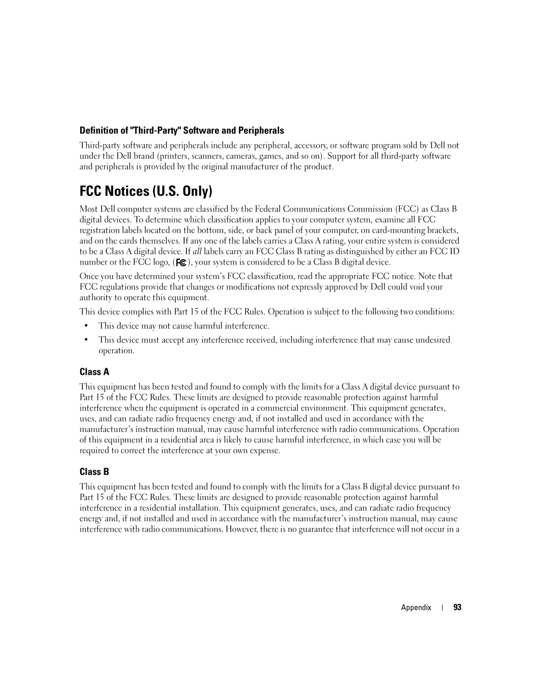 Dell 1100/B110 FCC Notices U.S. Only, Definition of Third-Party Software and Peripherals, Class a Class B 