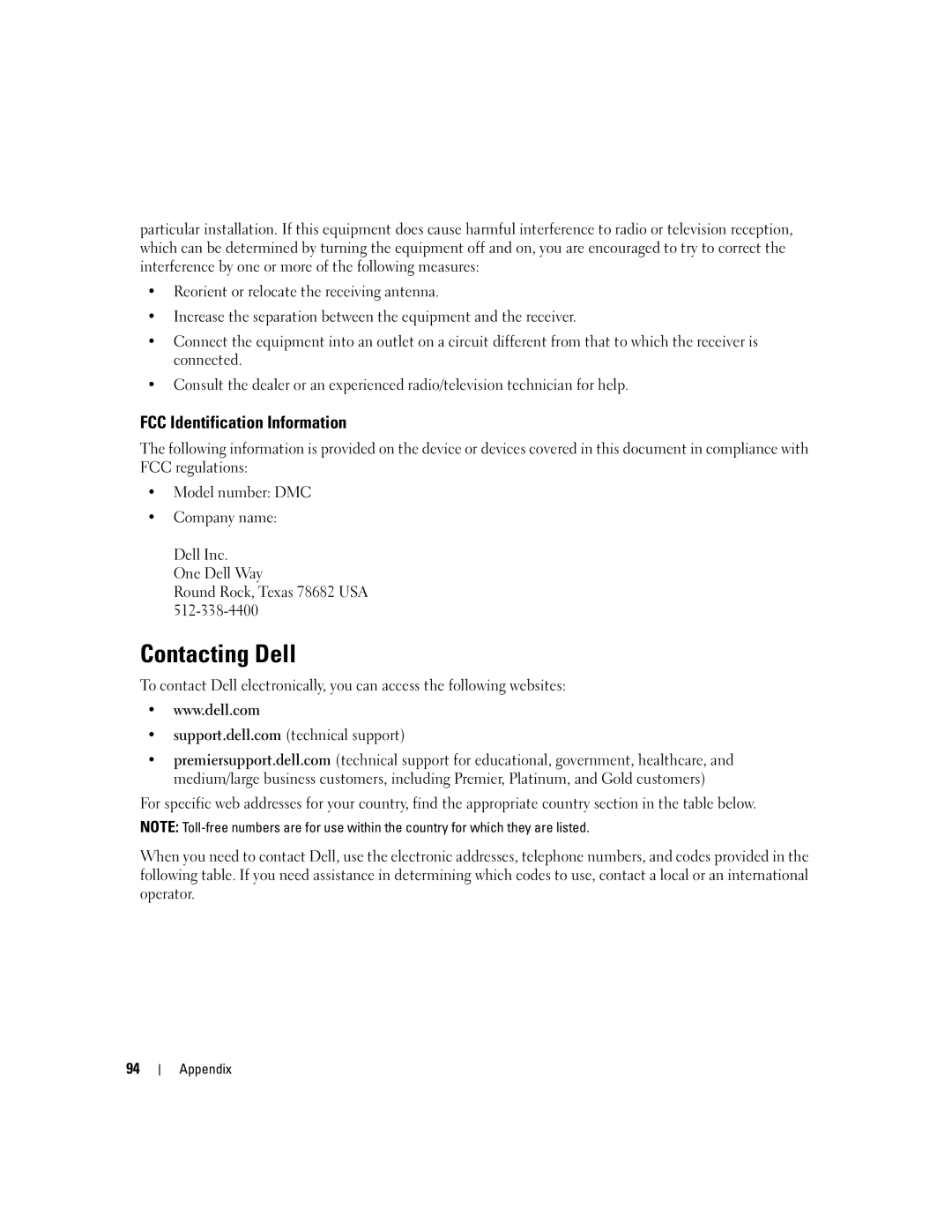 Dell 1100/B110 owner manual Contacting Dell, FCC Identification Information 