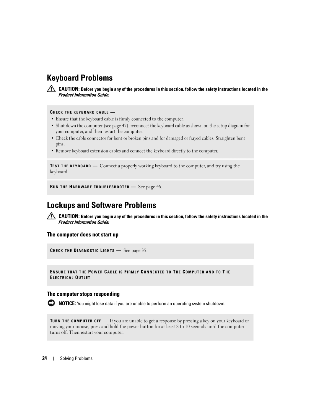 Dell 1100, B110 Keyboard Problems, Lockups and Software Problems, Computer does not start up, Computer stops responding 