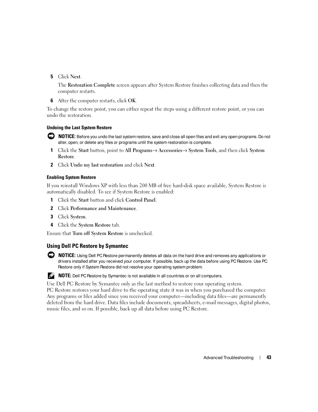 Dell B110, 1100 owner manual Using Dell PC Restore by Symantec, Undoing the Last System Restore, Enabling System Restore 