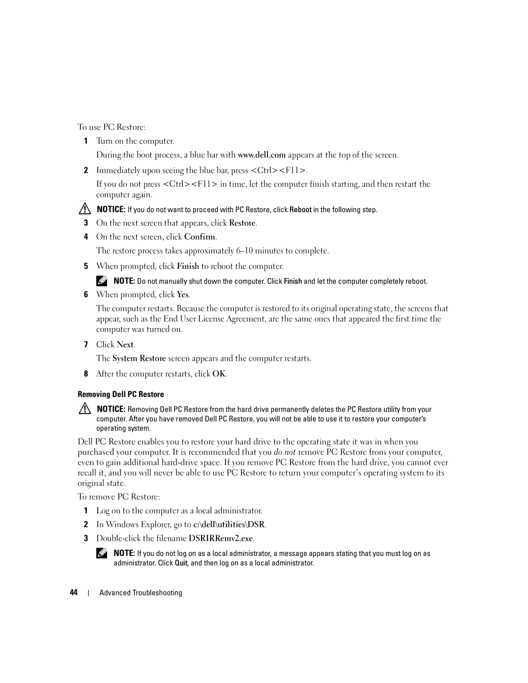 Dell 1100, B110 owner manual Removing Dell PC Restore 