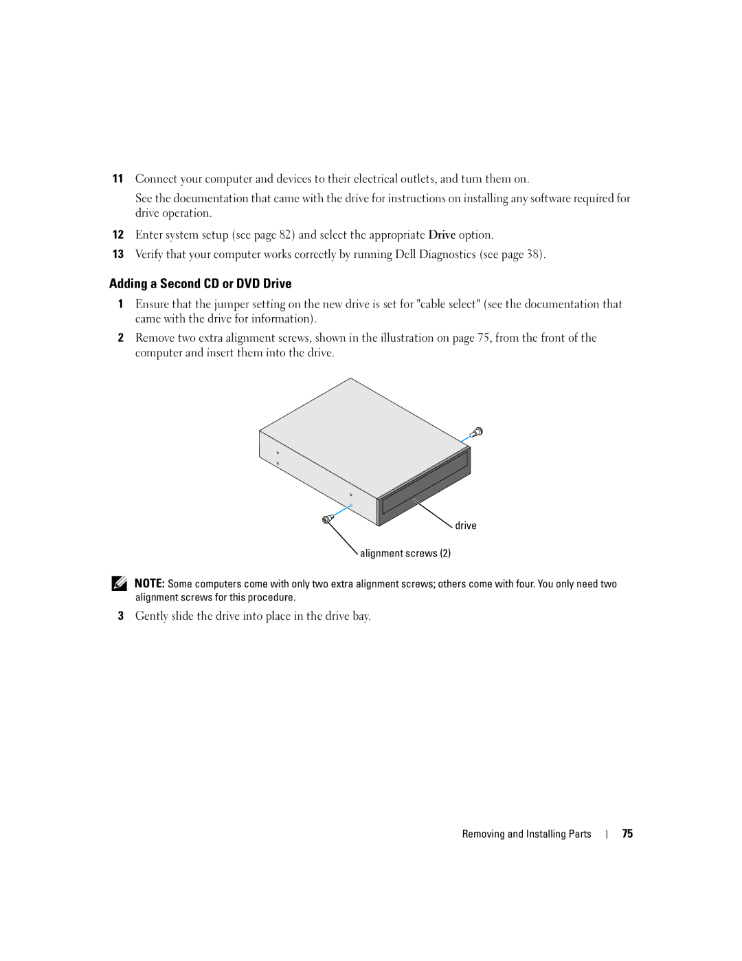 Dell B110, 1100 owner manual Adding a Second CD or DVD Drive, Drive Alignment screws 