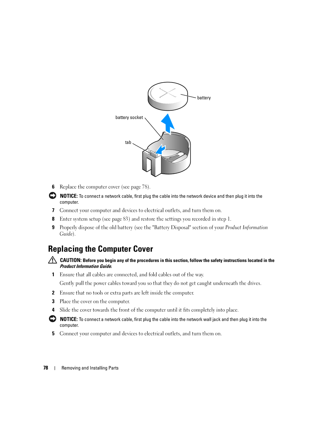 Dell 1100, B110 owner manual Replacing the Computer Cover, Battery Battery socket Tab 