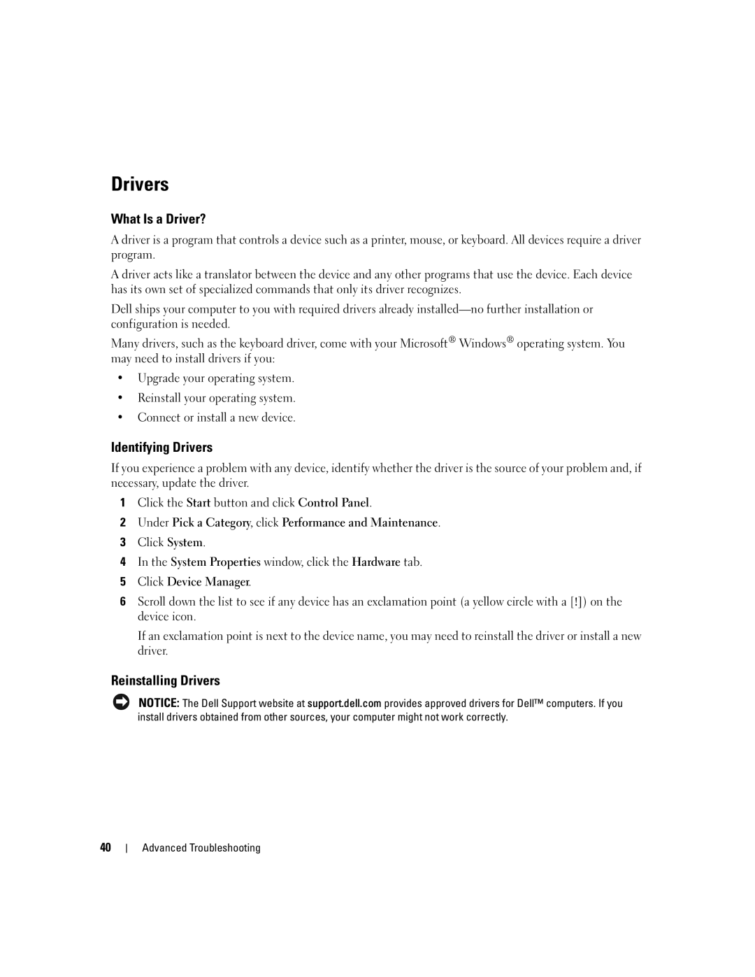 Dell 1100, Dimension B 110 manual What Is a Driver?, Identifying Drivers, Reinstalling Drivers 