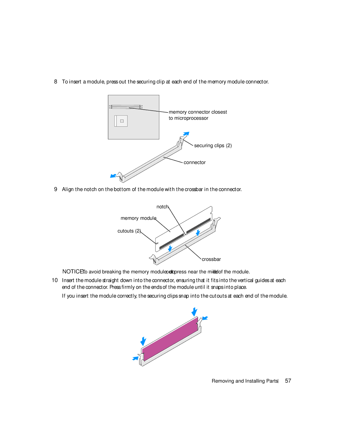 Dell Dimension B 110, 1100 manual Securing clips Connector, Notch Memory module Cutouts Crossbar 