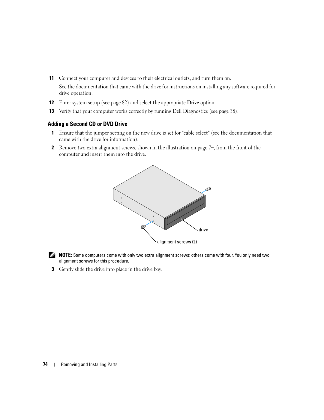 Dell 1100, Dimension B 110 manual Adding a Second CD or DVD Drive, Drive Alignment screws 