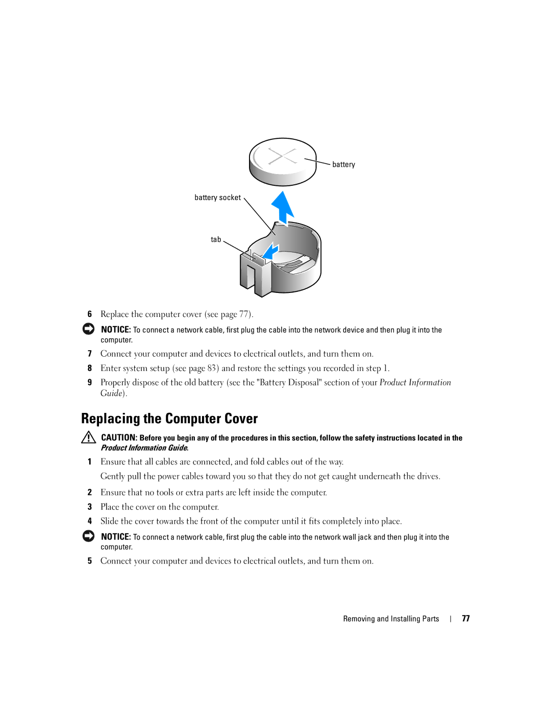 Dell Dimension B 110, 1100 manual Replacing the Computer Cover, Battery Battery socket Tab 