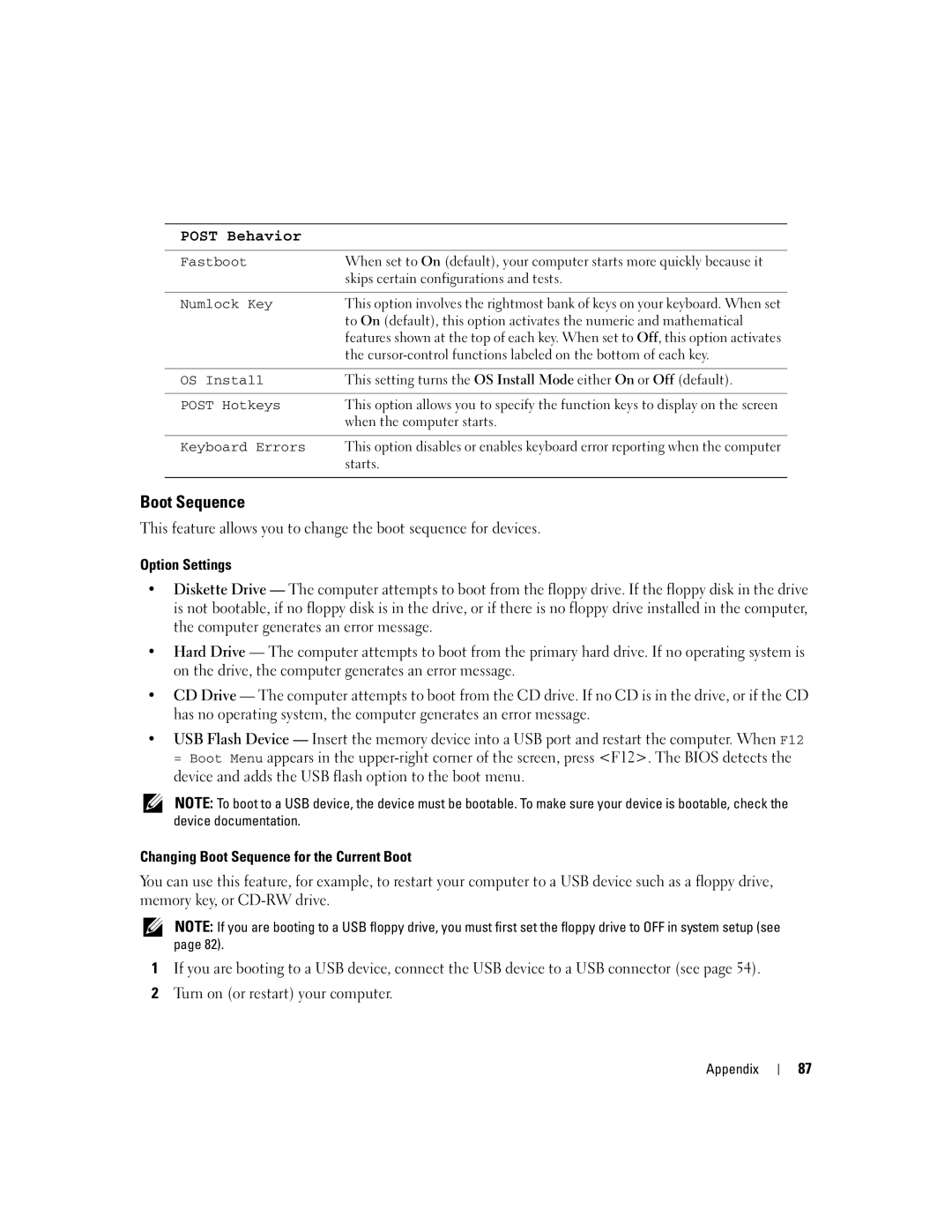 Dell Dimension B 110, 1100 manual Option Settings, Changing Boot Sequence for the Current Boot 