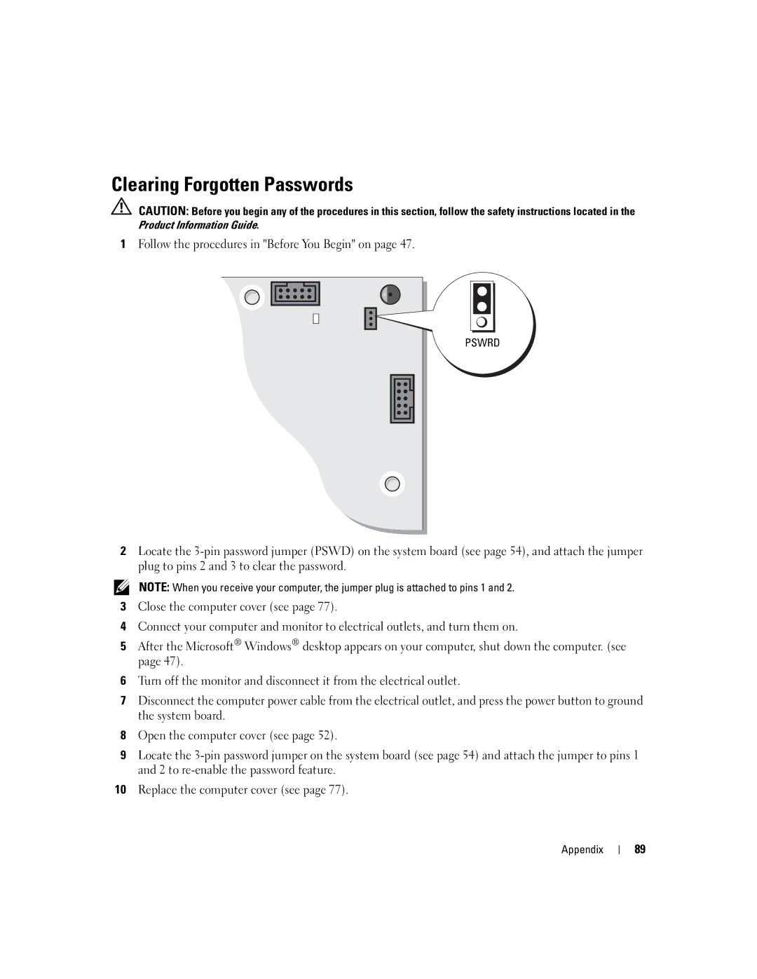 Dell Dimension B 110, 1100 manual Clearing Forgotten Passwords, Product Information Guide 