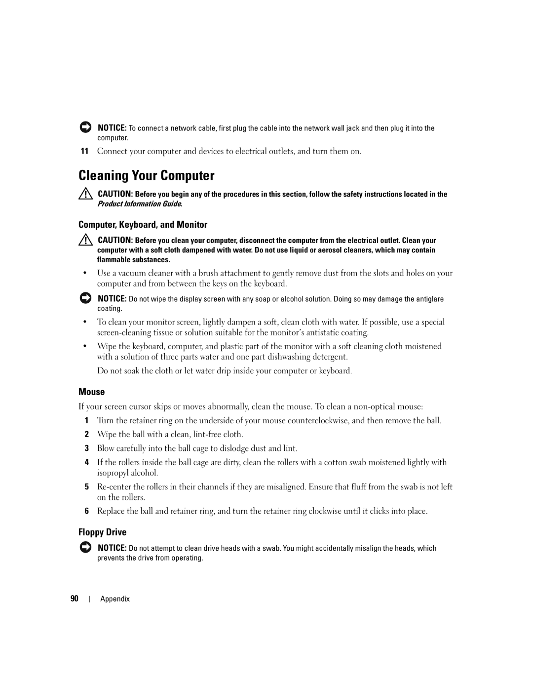 Dell 1100, Dimension B 110 manual Cleaning Your Computer, Computer, Keyboard, and Monitor, Mouse, Floppy Drive 