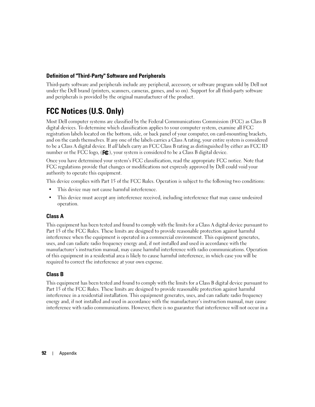 Dell 1100, Dimension B 110 manual FCC Notices U.S. Only, Definition of Third-Party Software and Peripherals, Class a Class B 