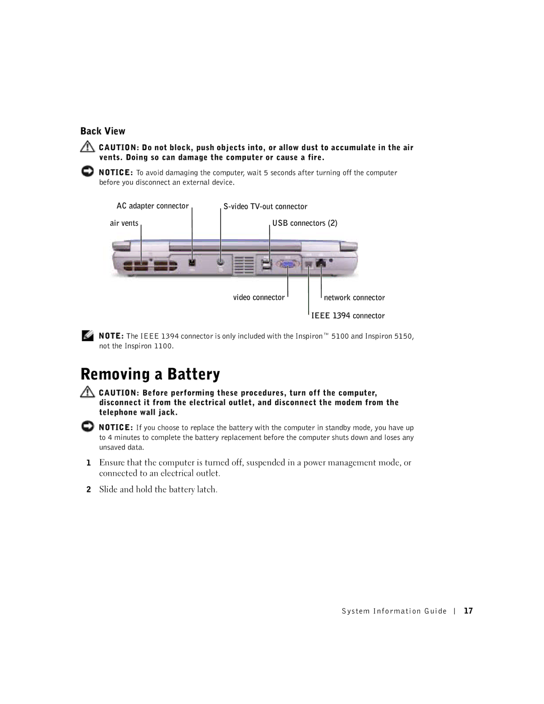 Dell 1100 manual Removing a Battery, Back View 