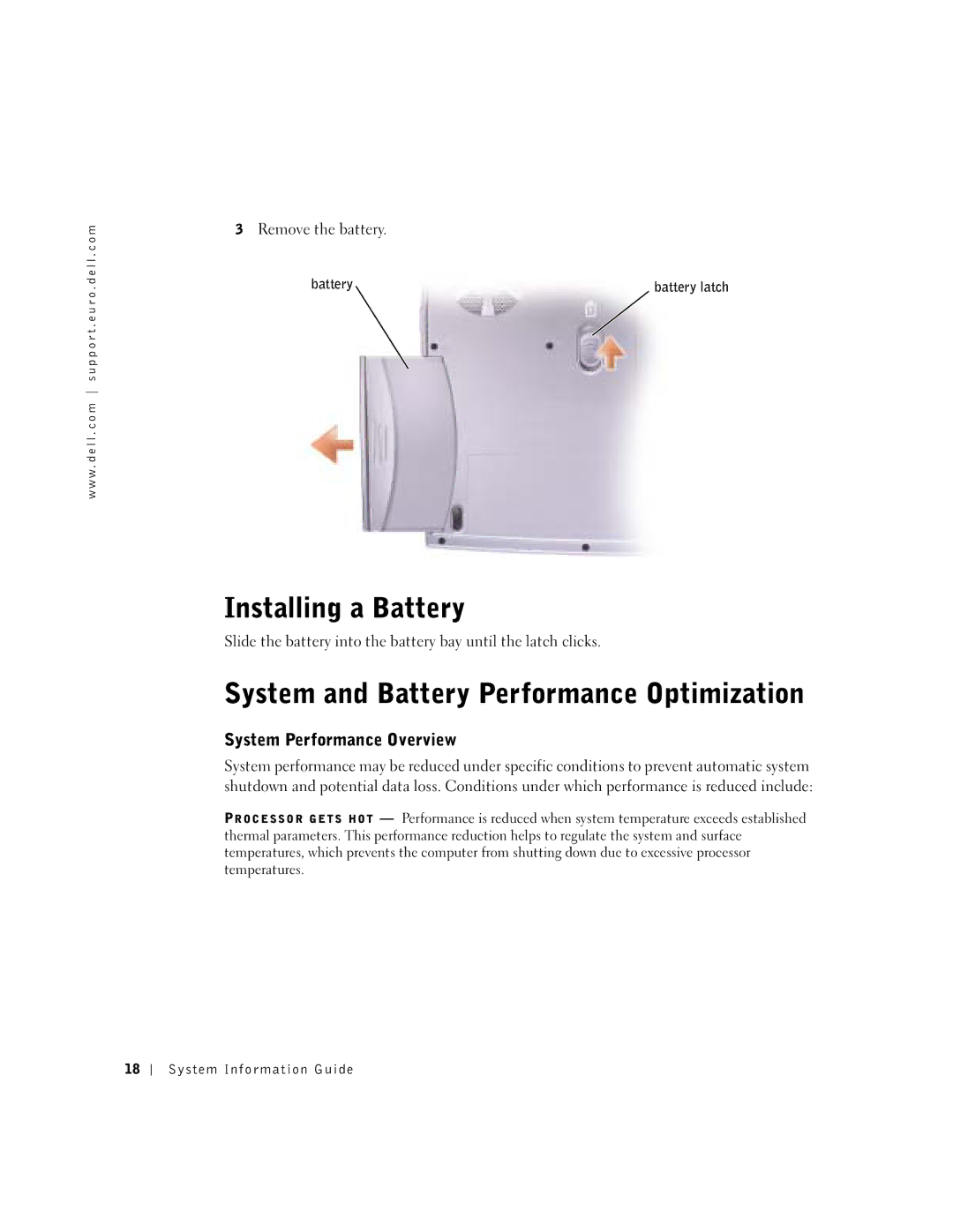 Dell 1100 manual Installing a Battery, System and Battery Performance Optimization, System Performance Overview 