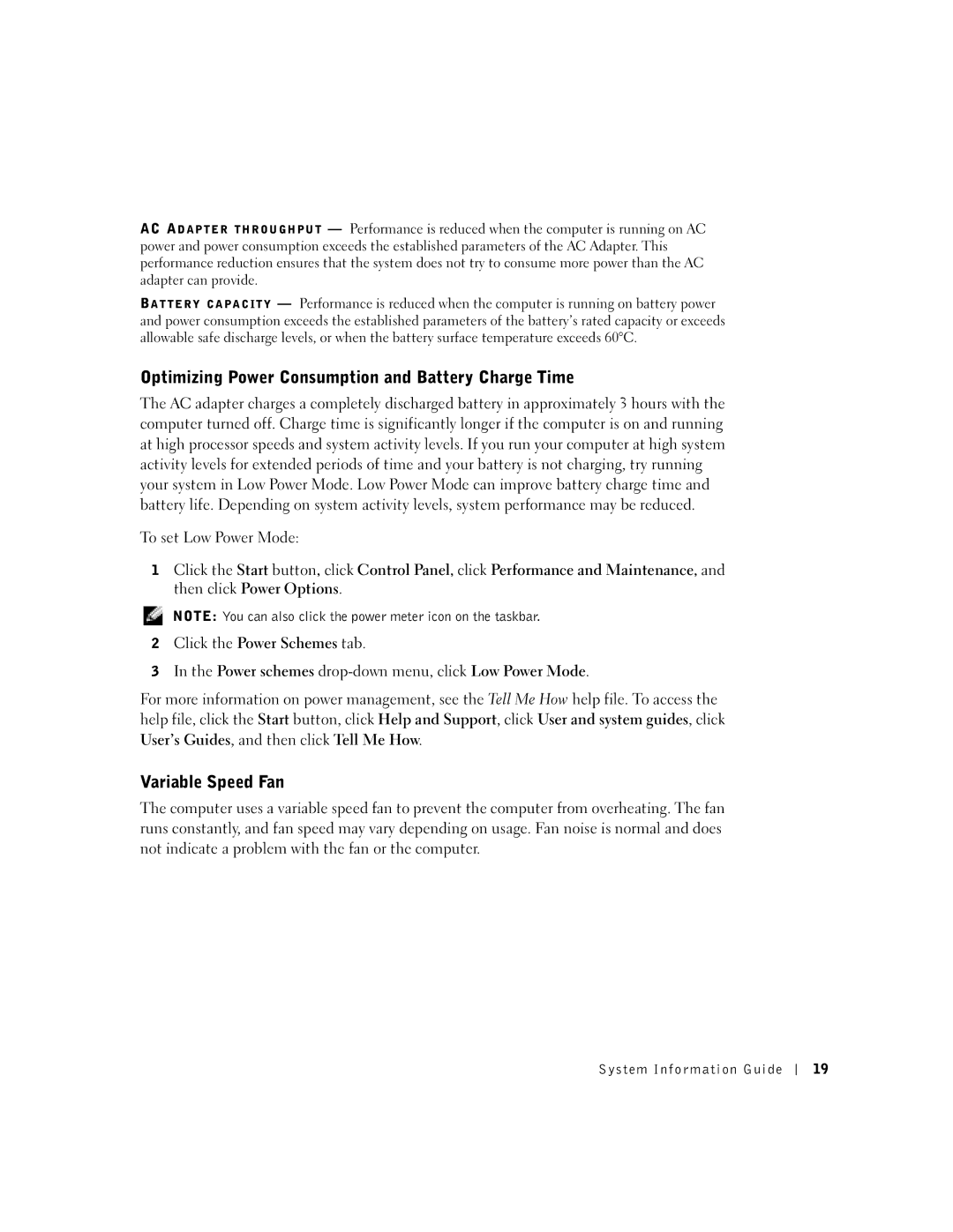 Dell 1100 manual Optimizing Power Consumption and Battery Charge Time, Variable Speed Fan 